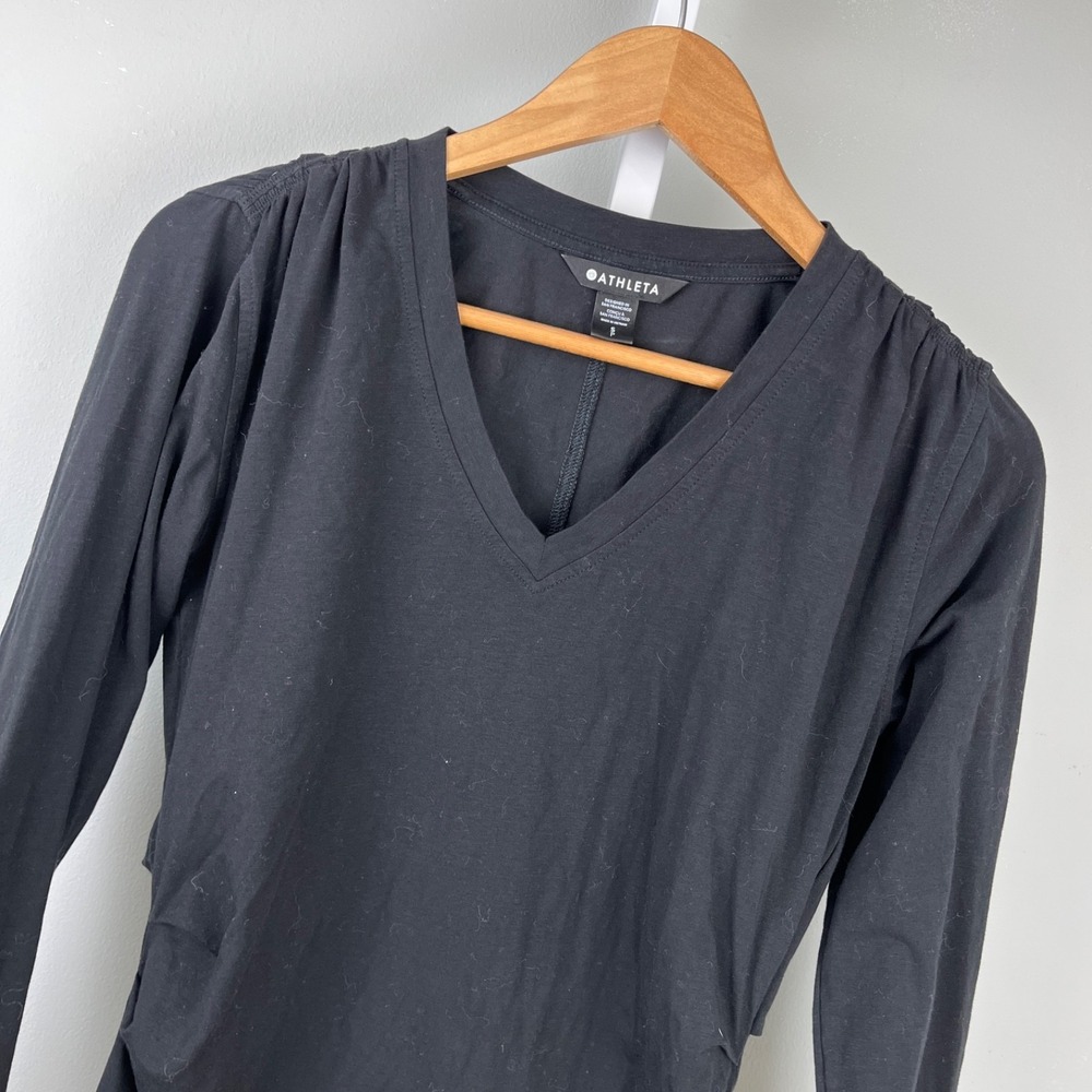 Athleta‎ Outbound V-Neck Top Womens S Black Long Sleeve Ruched Athletic Wear